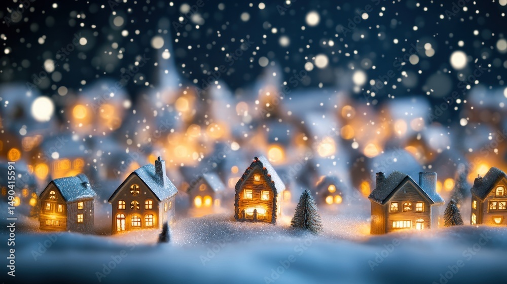 Fototapeta premium Miniature illuminated houses in a snowy landscape under falling snow, creating a festive Christmas village scene with a magical and cozy atmosphere during winter season.