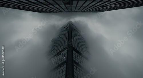 Dramatic Perspective of Skyscrapers Emerging from Dense Fog in a Cityscape