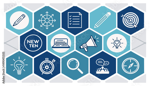 Hexagonal grid displaying business strategy icons highlighting marketing, R and D, communication, and strategic planning networks