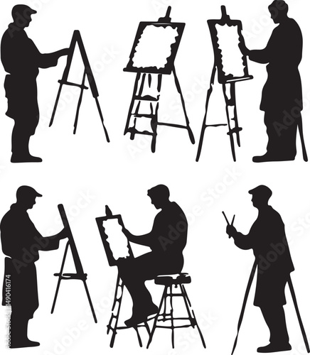 Silhouette Art: Vector Graphics of Artists Painting on Easels - Creative Profession, Fine Art, Studio Work, Artistic Expression