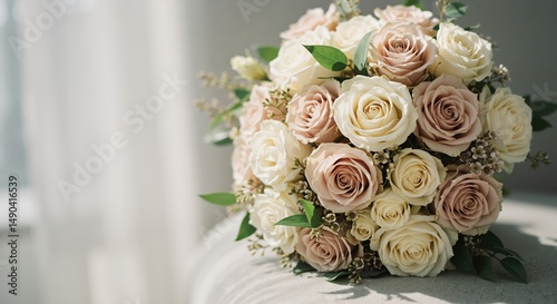 Bouquet of pink and white roses arranged with greenery  