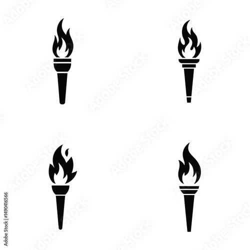 Vector set of four black torch icons illustrating different flame styles