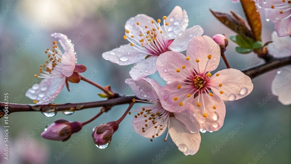 Obraz premium Delicate Pink Spring Blossoms with Dew Drops
