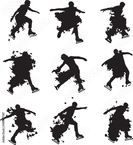 Figure Skating Silhouettes Vector: Dynamic Ice Skater in Motion, Abstract Grunge Style Illustration for Sports Design & Graphic Projects