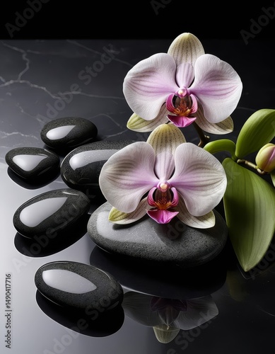 An arrangement featuring a delicate orchid flower and a collection of smooth black stones. AI generated.