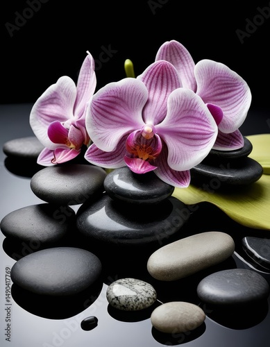 An arrangement featuring a delicate orchid flower and a collection of smooth black stones. AI generated.