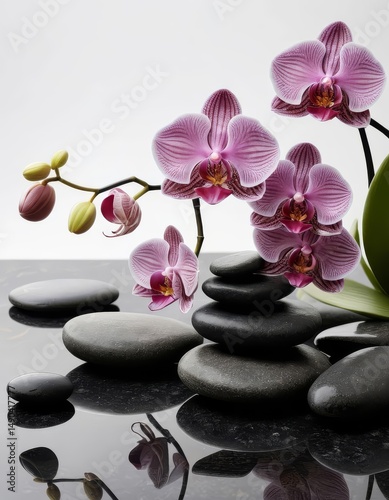 An arrangement featuring a delicate orchid flower and a collection of smooth black stones. AI generated.