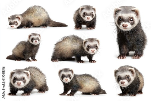 playful ferrets in various poses studio shot showcasing energetic and curious behavior of domestic pet mustelids isolated on white background