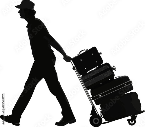 Silhouette of a Person Pulling a Luggage Cart