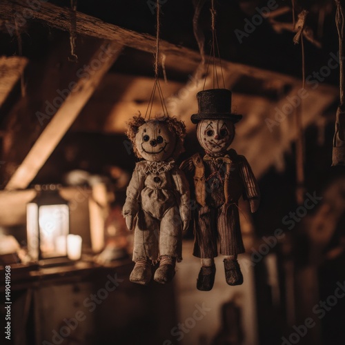 Creepy vintage puppets hanging in a dim attic.