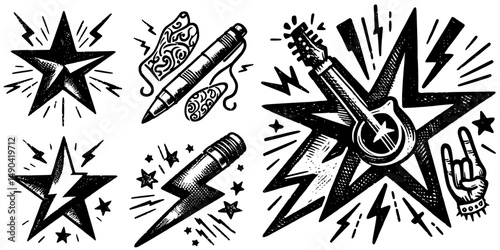 Energetic Punk Rock Imagery, Energetic punk rock elements, including microphone, musical notes, and lightning, capturing the spirit of rebellion