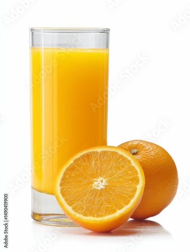 refreshing orange juice served in glass with ripe oranges on white background for wellness