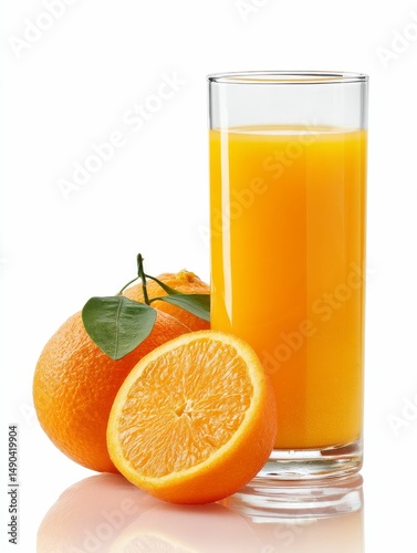 refreshing orange juice served in glass with ripe oranges on white background for wellness