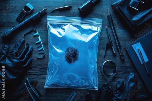 Analyzed Fingerprint in Clear Evidence Bag Surrounded by Criminal Investigation Tools on Dark Table, Representing Forensics and Law Enforcement Work