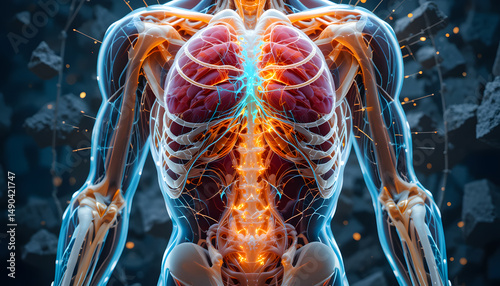 male human body anatomy  on a black background | 3D Human Anatomy Illustration with Spine, Organs, and Skeletal System on Black Background | Digitally Generated X-ray View of Human Body Showing Bones 