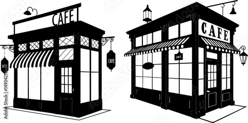 Charming Café Fronts Silhouette Illustration