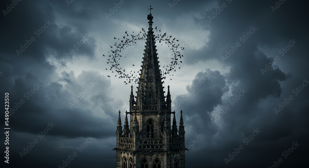 Fototapeta premium Gothic Cathedral Tower with Birds Circling in a Dramatic Stormy Sky