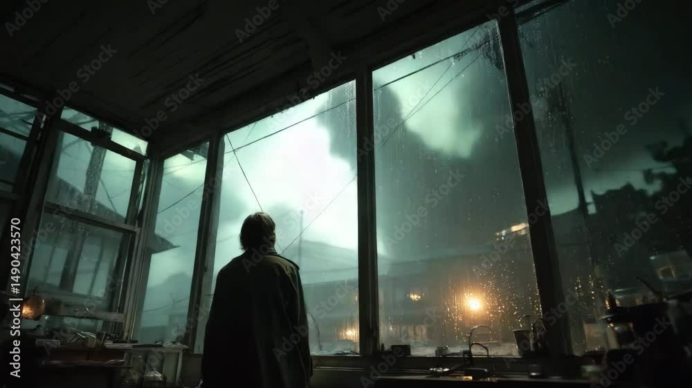 AI-generated lone figure watching storm clouds swirl through rain-soaked windows