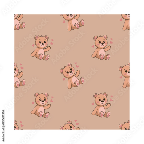 Seamless pattern featuring adorable teddy bears with rosy cheeks and little pink hearts on a soft beige background. This sweet and playful design is perfect for baby products, children’s textiles