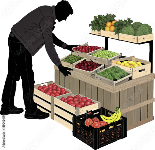 Shopper Selecting Fresh Produce at Market Stall Silhouette Illustration