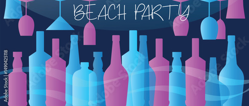 Set of alcohol bottles, glasses, beach party. Drink, festival, red wine, martini, chardonnay, rum, brandy