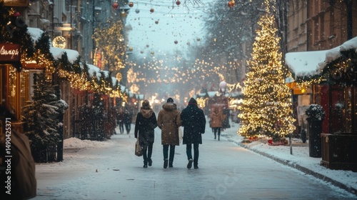 People Walking Down Snowy Pedestrian Street Decorated with Christmas Lights and Trees