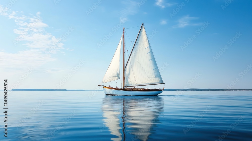Fototapeta premium A classic sailboat gliding through calm waters, with a clear blue sky overhead