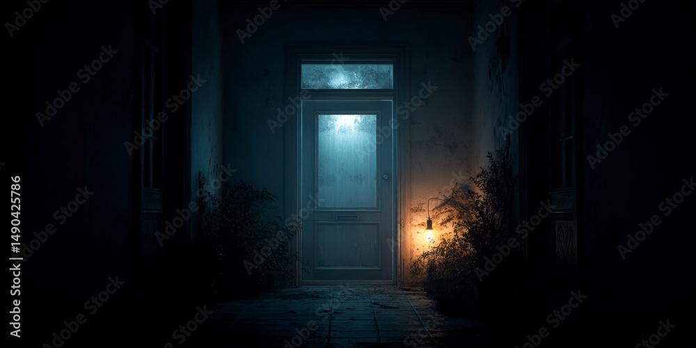 Obraz premium Eerie hallway with dim lighting at night.