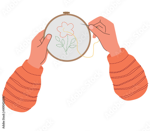 Hands embroidering a simple flower with a needle and yellow thread. Cozy DIY craft scene with red striped sleeves, perfect for hobby or handmade themed illustrations. Vector illustration