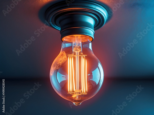 Illuminated Idea: A glowing vintage-style light bulb hangs from a ceiling, casting a warm, inviting light against a cool, dark background. The filament inside is clearly visible.