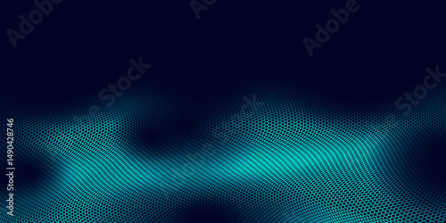 Abstract futuristic hexagon wave with moving dots. Flow of particles. Cyber technology with hexagon pattern. 
