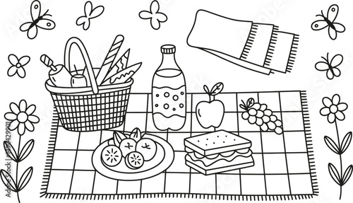 Picnic illustration with basket food and flowers outline style