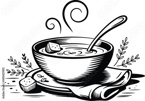 Black and white soup bowl illustration with bread and herbs