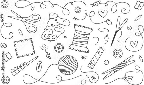 Hand drawn doodle sewing elements black and white crafting supplies vector illustration