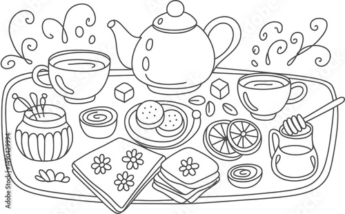 Tea time black and white illustration with teapot cups and desserts on tray