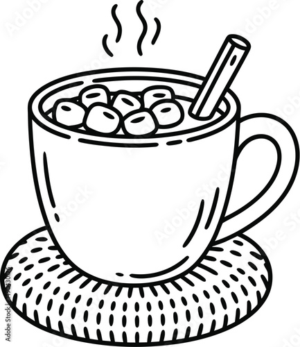 Hot chocolate with marshmallows and cinnamon stick line art illustration