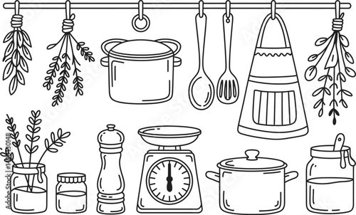 Kitchen utensils and herb hanging rack doodle style illustration vector design