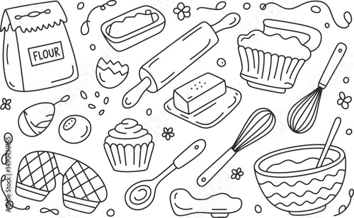 Baking ingredients and utensils in hand drawn doodle style illustration