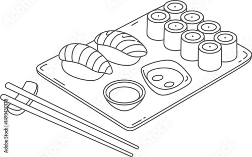 Japanese sushi set with nigiri rolls soy sauce and chopsticks line art