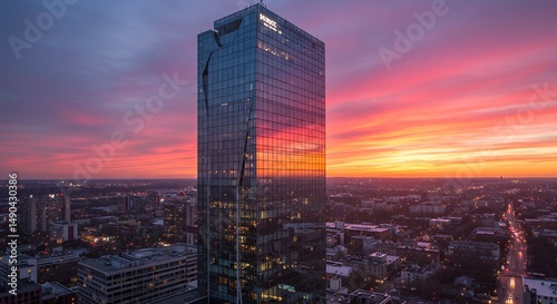 Mirvac Building Illuminated by Sunset Colors Over City Skyline at Dusk