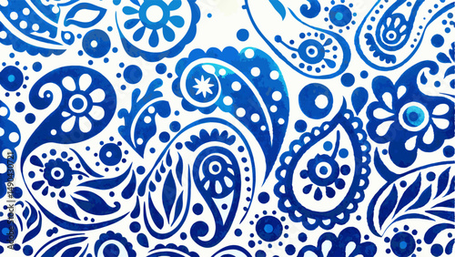 blue pattern on white background, featuring paisley pattern, blue and white pattern, watercolor pattern, decorative pattern, intricate design, floral pattern, textile design, vector illustration.