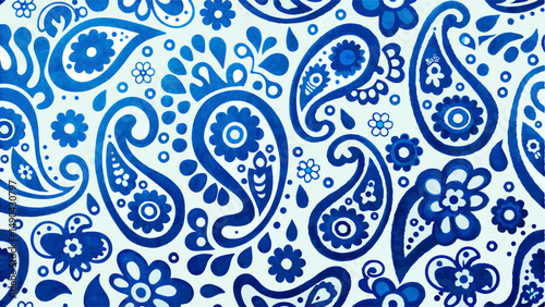 Vibrant Blue and White Paisley Pattern Background. This captivating, seamless paisley pattern features intricate, stylized floral and leaf designs in rich blue hues against a crisp white backdrop.