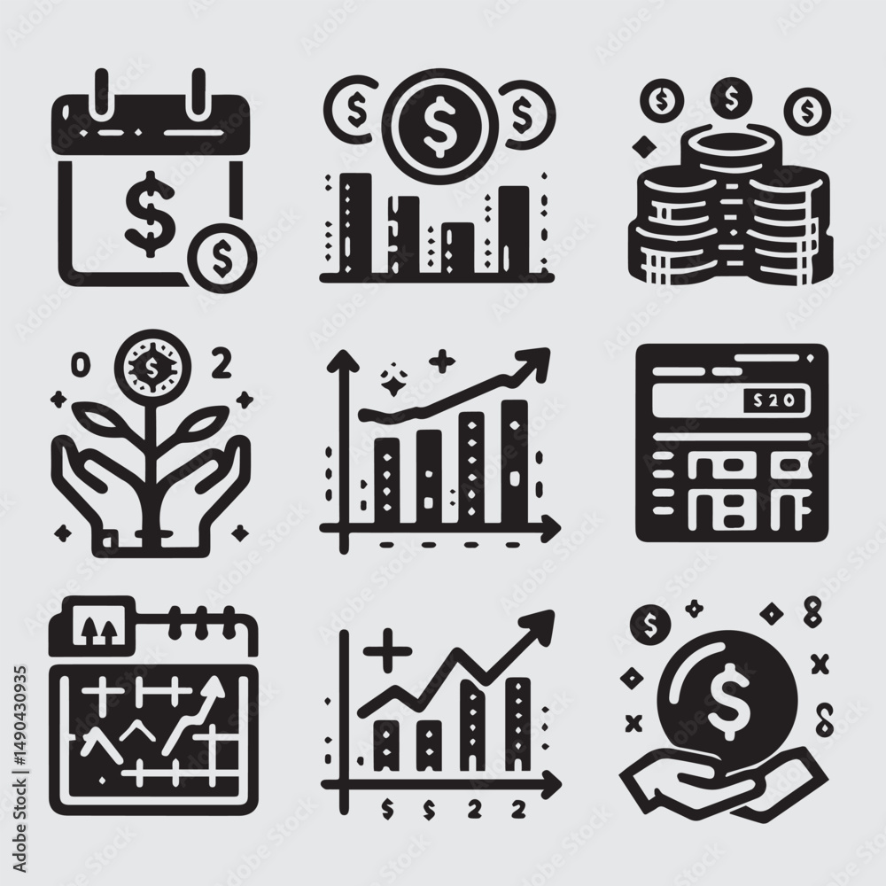 Fototapeta premium Business Plan Icon Set – Black and White Line Style, Strategy and Planning Symbols