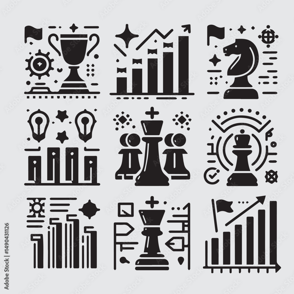 Fototapeta premium Business Plan Icon Set – Black and White Line Style, Strategy and Planning Symbols