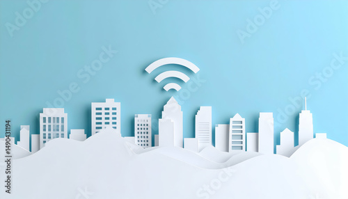 Abstract Wireless Network Cityscape: Paper Cutout Skyline with Wifi Signal