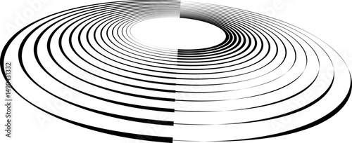 Circle with black lines as dynamic abstract vector background or logo or icon. Artistic illustration with perspective on white background.