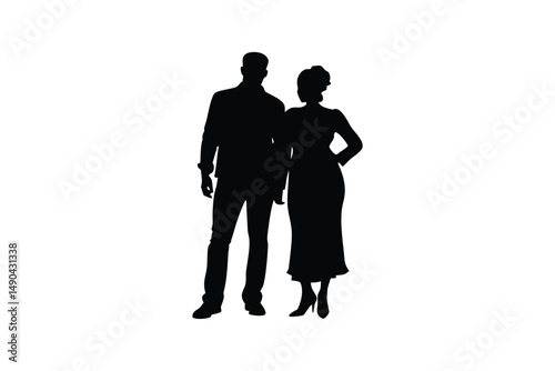 Silhouette of a man and woman standing side by side, both dressed formally, with the woman placing one hand on her hip, isolated on white background.