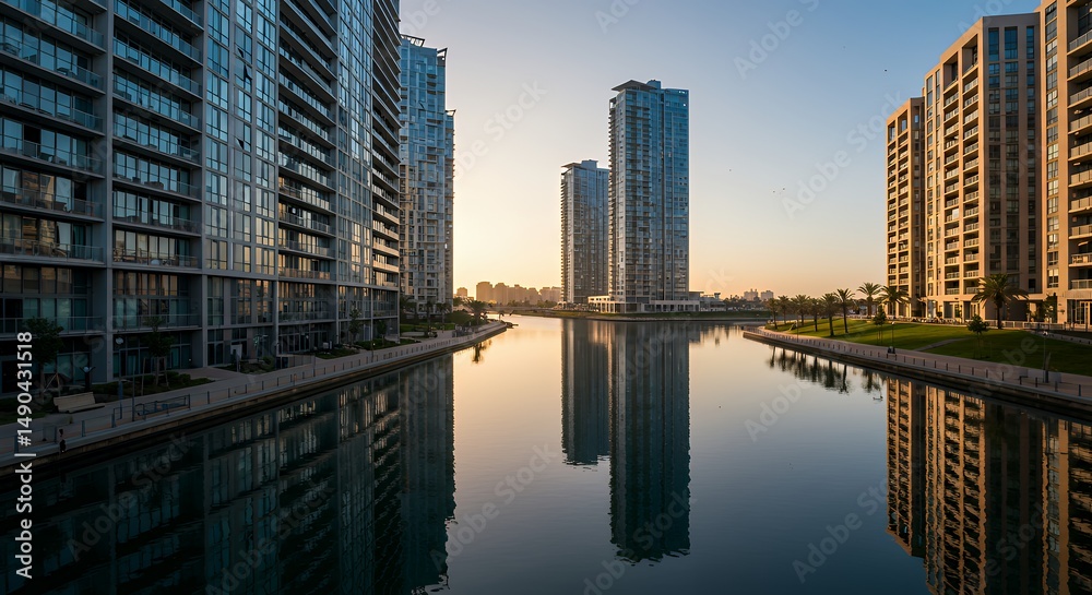 Naklejka premium Modern Cityscape Reflecting in Calm Water at Sunset Buildings and Reflections