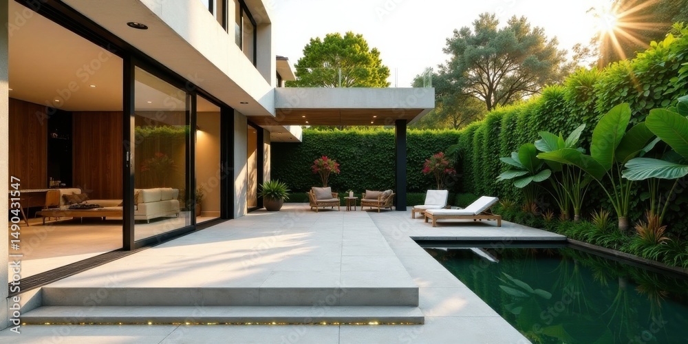Fototapeta premium Modern Minimalist Home Exterior with Pool and Lush Greenery Featuring a Sunlit Patio and Seamless Indoor-Outdoor Living Space