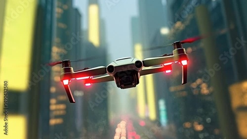 Futuristic surveillance drone flying above city street at night, seamless looping 4k time-lapse animation video background